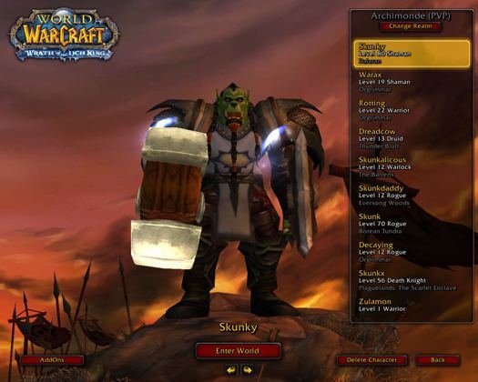Skunky, level 80 Shaman, and the rest of the Archimonde roster.